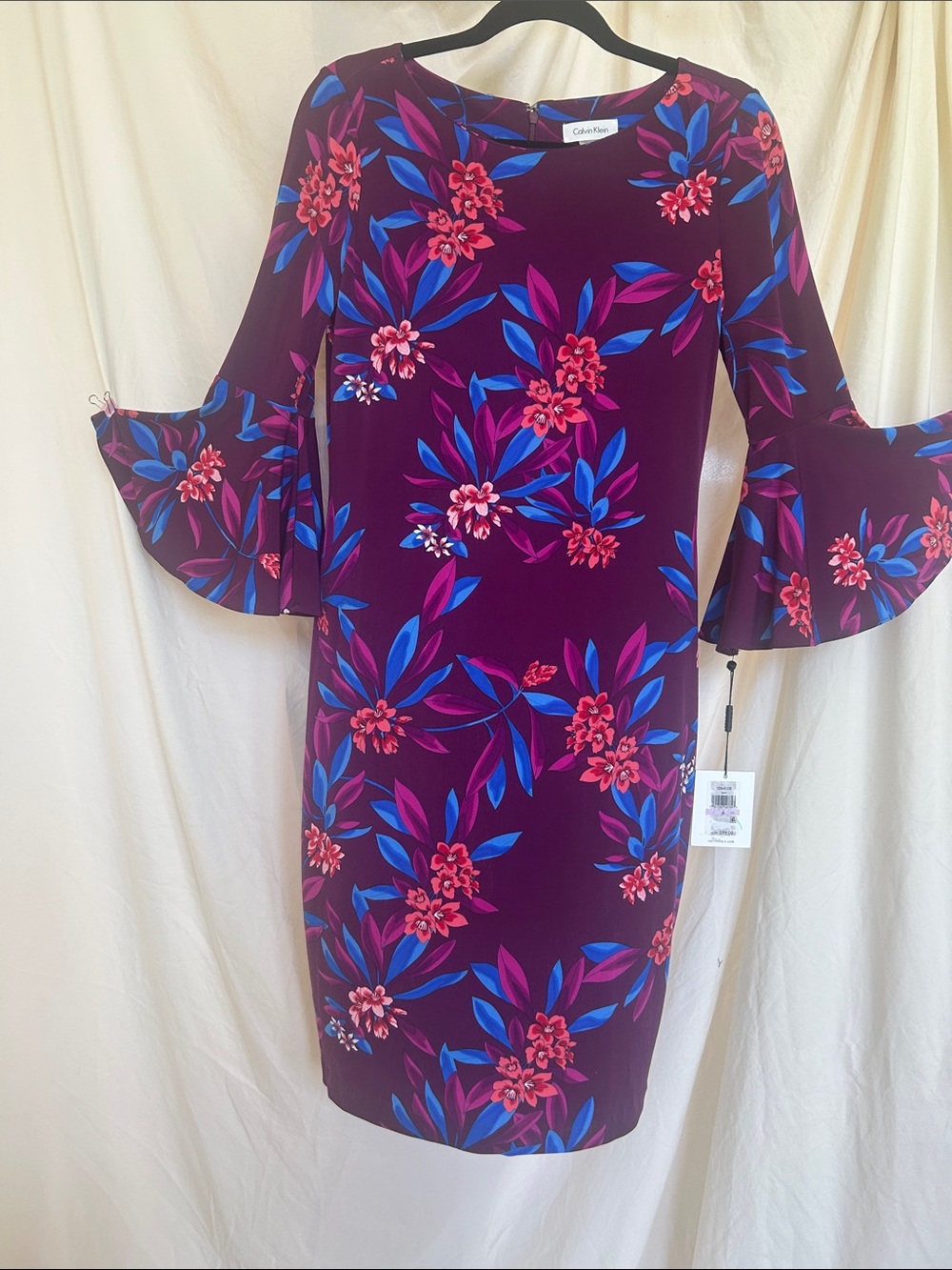 Calvin Klein Plum Floral Bell-Sleeve Sheath Dress